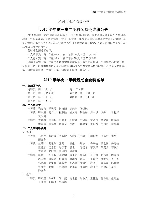 2010 学年高一学科运动会获奖名单