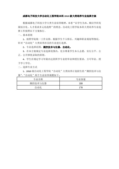 成都电子科技大学自动化工程学院本科2010级大类培养专业选择方案