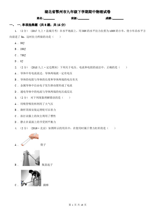 湖北省鄂州市九年级下学期期中物理试卷