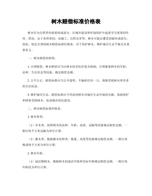 树木赔偿标准价格表