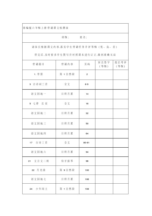 部编版六年级语文上册课文背诵闯关表及必背内容汇总