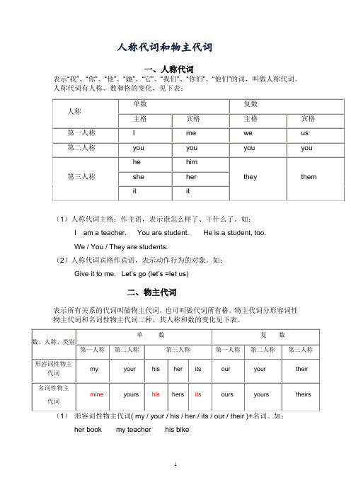 人教版初中英语代词和物主代词的表格与训练