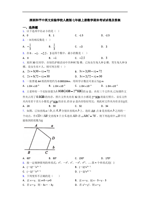 深圳和平中英文实验学校人教版七年级上册数学期末考试试卷及答案