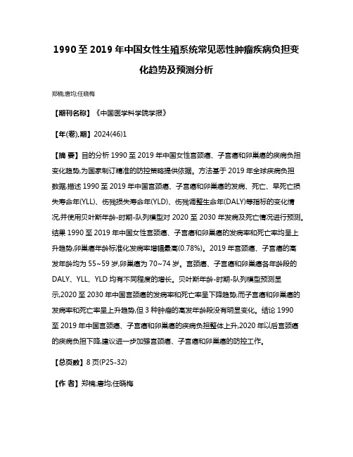 1990至2019年中国女性生殖系统常见恶性肿瘤疾病负担变化趋势及预测分析