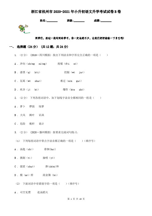 浙江省杭州市2020-2021年小升初语文升学考试试卷B卷