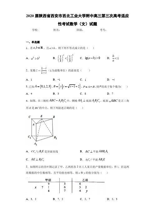 2021届陕西省西安市西北工业大学附中高三第三次高考适应性考试数学(文)试题