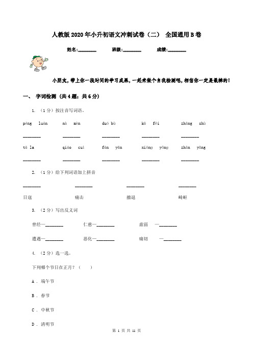 人教版2020年小升初语文冲刺试卷(二) 全国通用B卷