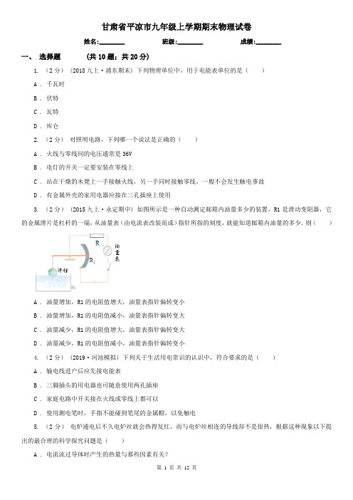 甘肃省平凉市九年级上学期期末物理试卷