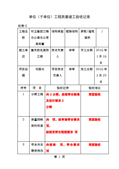 单位子单位工程质量竣工验收记录填写规范