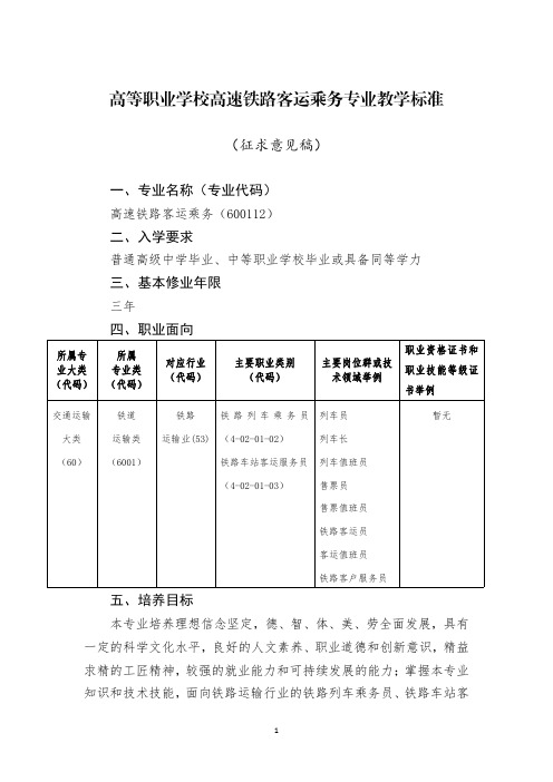 铁道运输类——高速铁路客运乘务专业教学标准600112