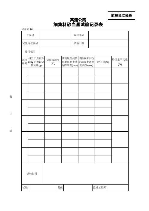 细集料砂当量试验记录表