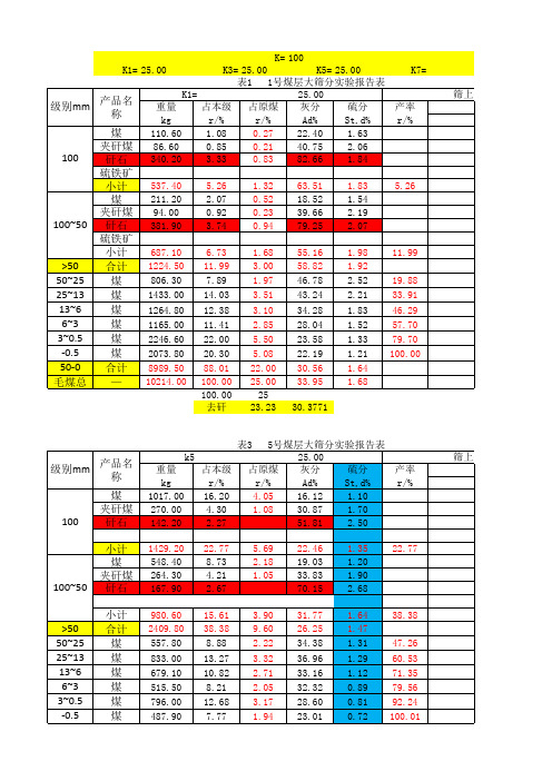 原煤资料及选煤厂设计指标计算表