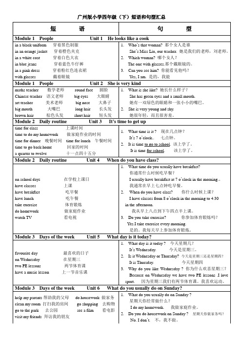 广州版小学英语四年级下短语、句型汇总