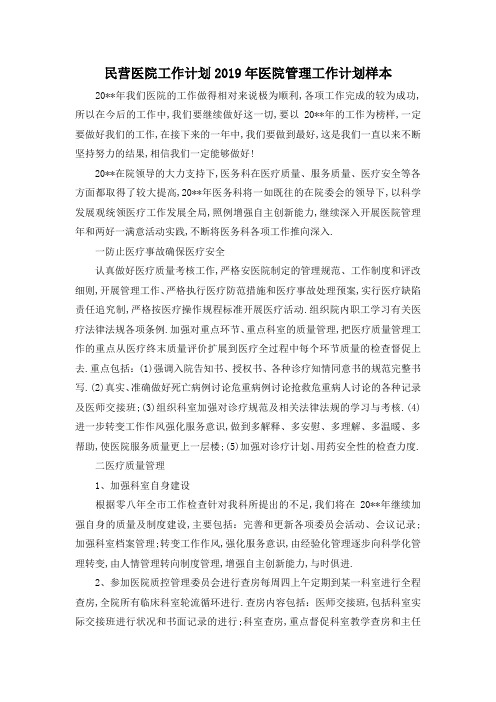 最新-民营医院工作计划 2019年医院管理工作计划样本 精品