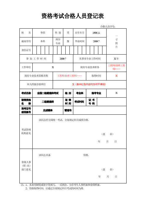 二建考试合格人员登记表样表