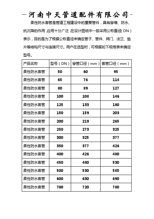 柔性防水套管规格表