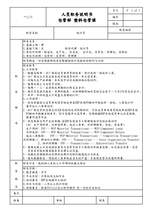 仓管部塑料仓管课统计员职务说明书