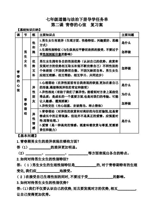 七年级道德与法治 第2课青春的心弦 导学案  附答案解析