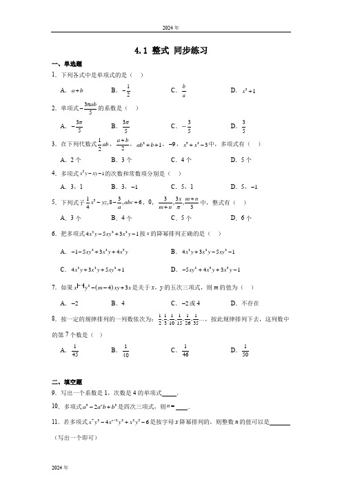 4.1 整式  同步练习(含简单答案)  人教版(2024)七年级上册数学