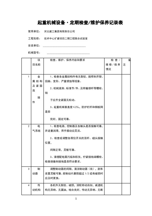 起重机械设备定期检查维护保养记录表