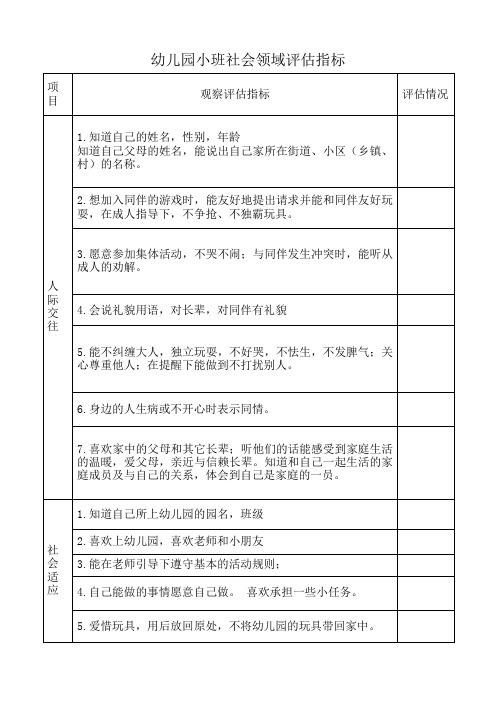 幼儿园小、中、大班社会领域评估指标