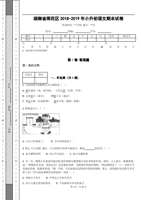 _湖南省雨花区2018-2019年小升初语文期末试卷