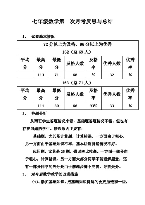 七年级数学第一次月考反思与总结