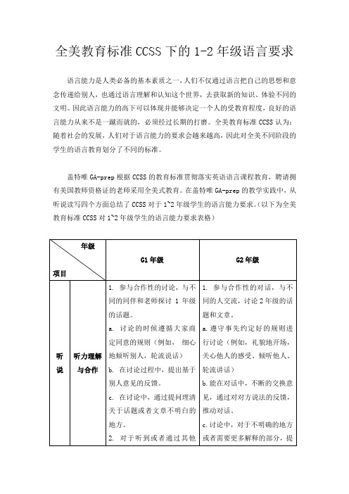 全美教育标准CCSS下的1-2年级语言要求