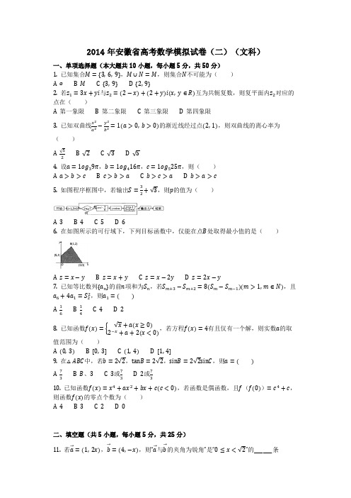 数学_2014年安徽省高考数学模拟试卷(二)(文科)(含答案)