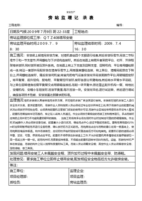 塔吊安装旁站记录安全生产规范化安全管理台账企业管理应急预案安全制度