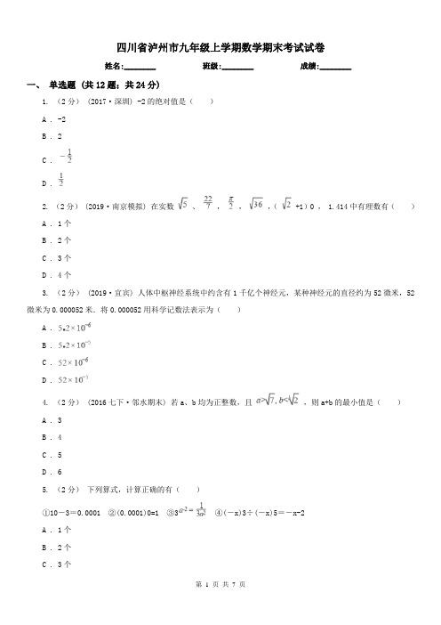 四川省泸州市九年级上学期数学期末考试试卷