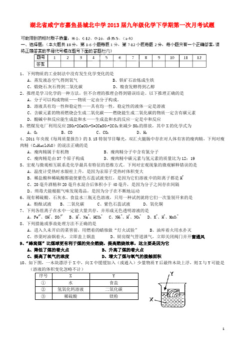 湖北省咸宁市嘉鱼县城北中学九年级化学下学期第一次月考试题(无答案)