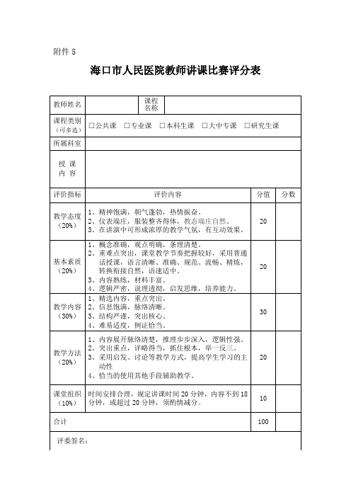 海口市人民医院教师讲课比赛评分表