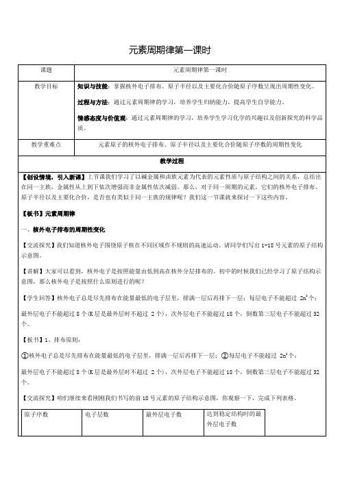 人教版高中化学必修2第一章第二节元素周期律第一课时课程教学设计