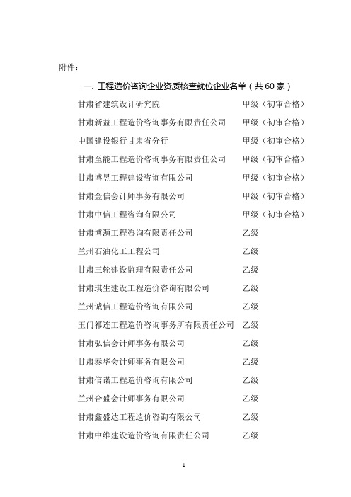 工程造价咨询企业资质核查就位企业名单(共60家)