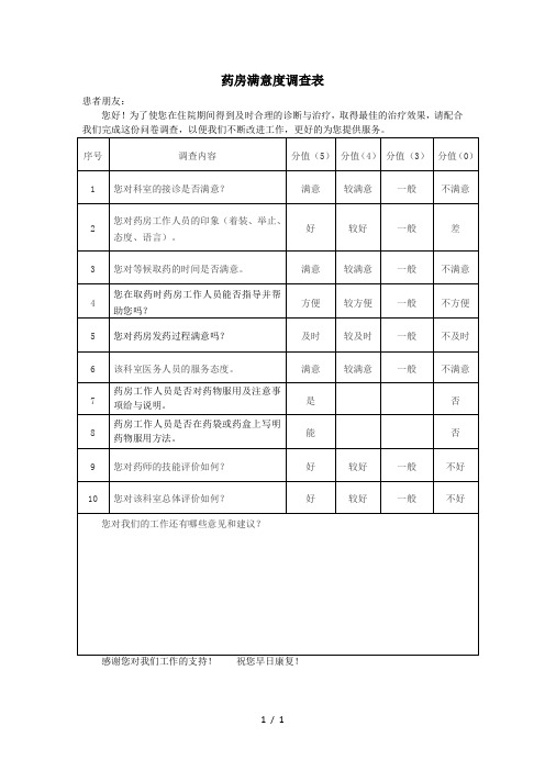 药房满意度表格