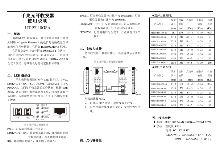 宇泰UT-P2110GS千兆光纤收发器说明书