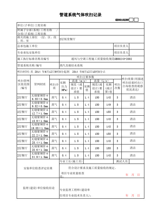 管道系统气体吹扫记录