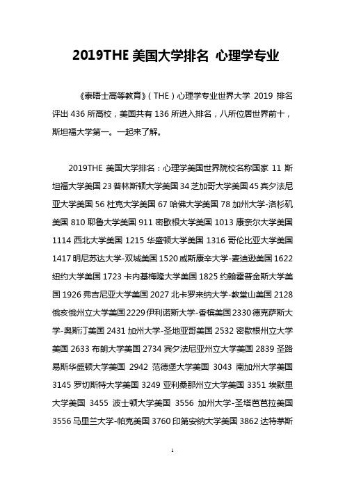 2019THE美国大学排名 心理学专业