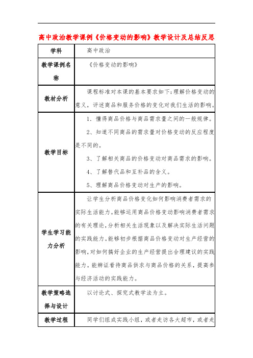 高中政治教学课例《价格变动的影响》课程思政核心素养教学设计及总结反思