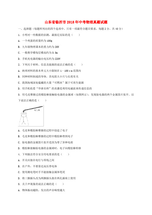 山东省临沂市2018年中考物理真题试题(含解析)