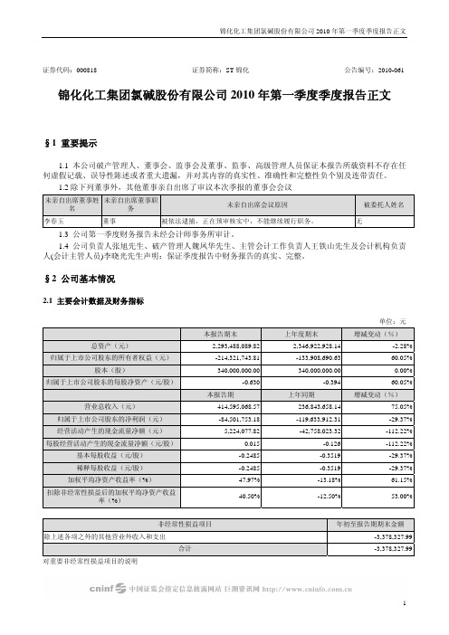 ST锦化:2010年第一季度报告正文 2010-04-29