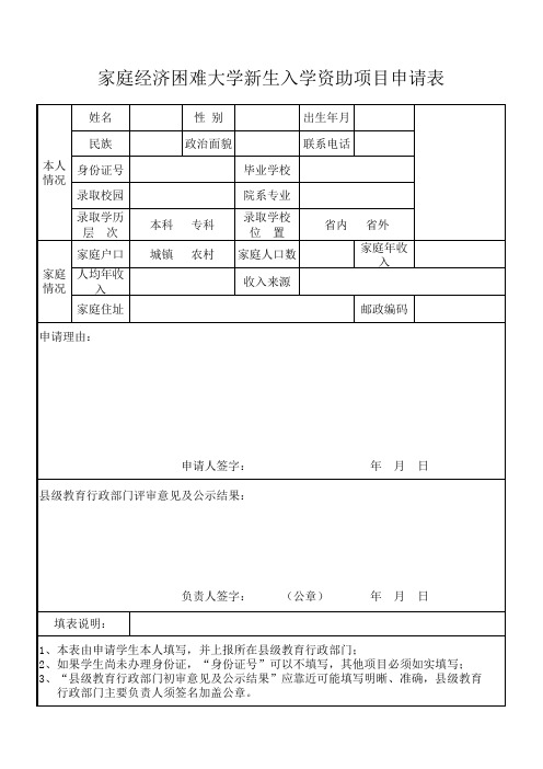 家庭经济困难大学新生入学资助项目申请表