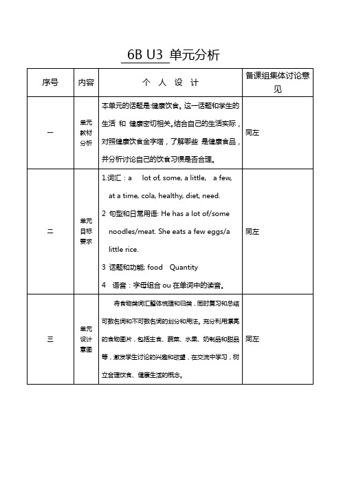 新译林 6B Unit3 A healthy diet 集体备课教案(5课时)