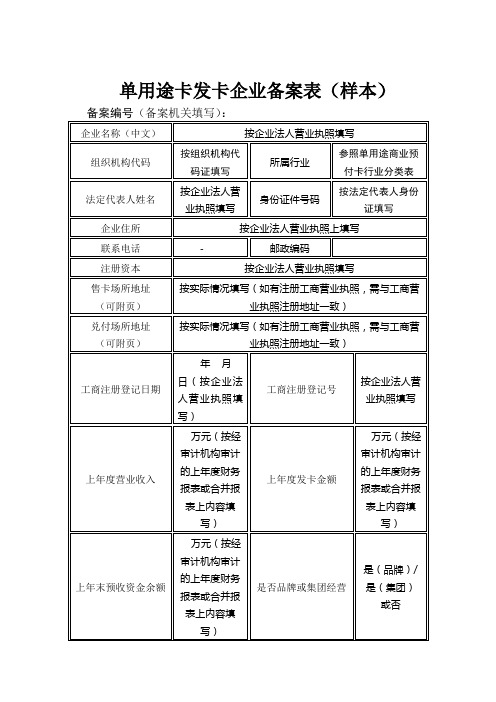 单用途发卡企业备案表(样表)