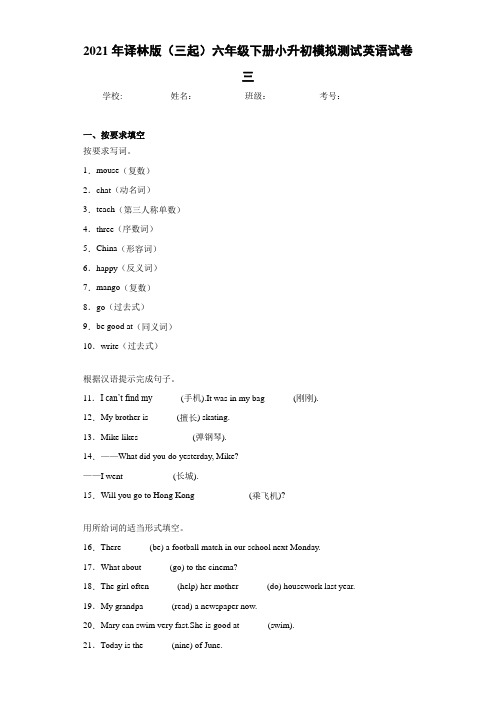 2021年译林版(三起)六年级下册小升初模拟测试英语试卷三