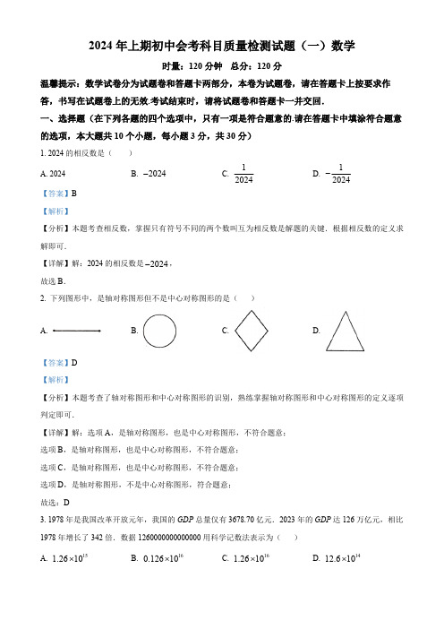 精品解析：2024年湖南省娄底市涟源市中考一模数学试题(解析版)