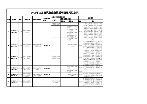 2014年12月建筑业企业资质审查意见汇总表