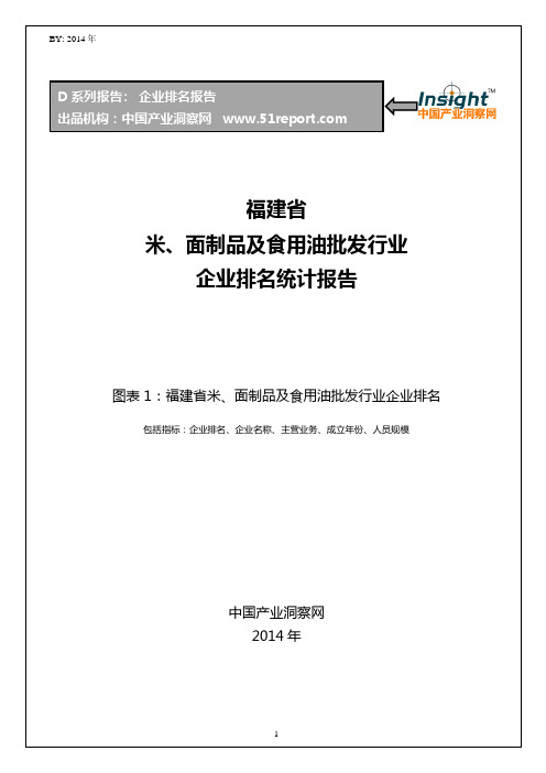 福建省米、面制品及食用油批发行业企业排名统计报告