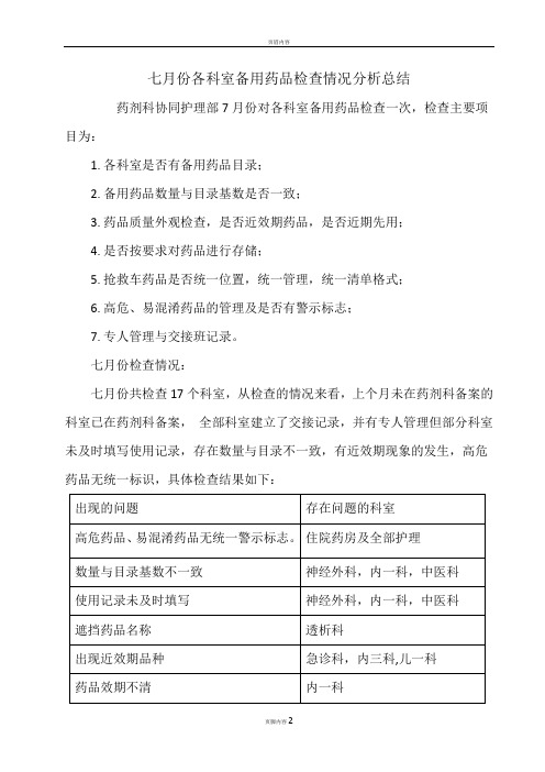 七月份各科室备用药品检查情况分析总结备用药品检查情况分析总结